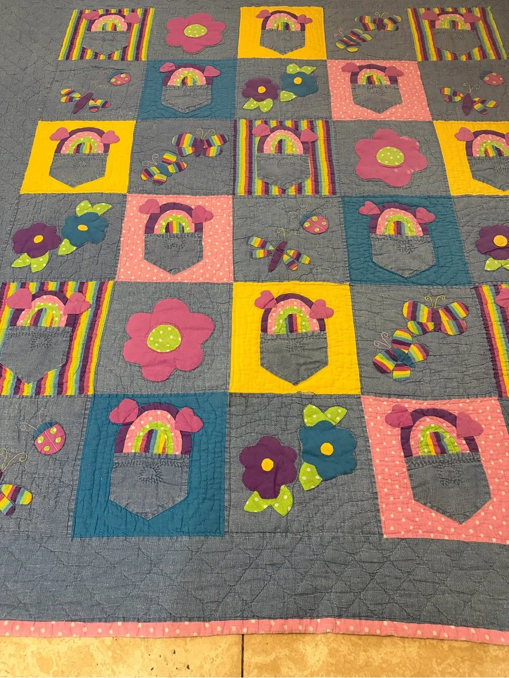 Vintage Handmade Applique Rainbow Quilt Twin 80x80” Floral Butterfly Patchwork